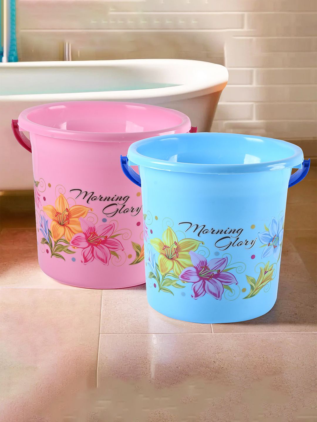 

Kuber Industries Blue & Pink 2 Pieces Floral Printed Water Buckets
