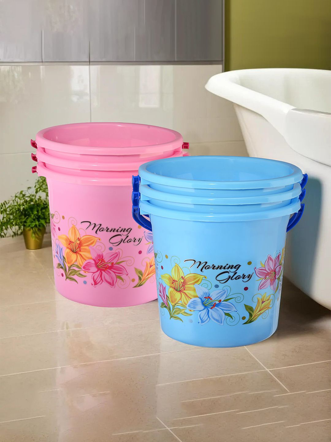 

Kuber Industries Blue & Pink 6 Pieces Floral Printed Water Buckets