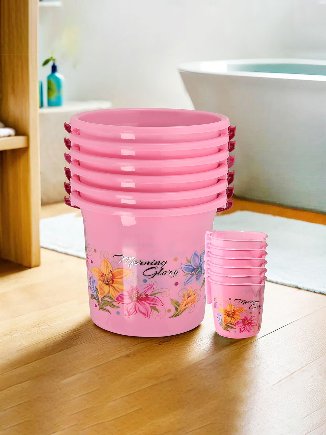 

Kuber Industries Pink & Green 12 Pieces Floral Printed Bucket With Mugs