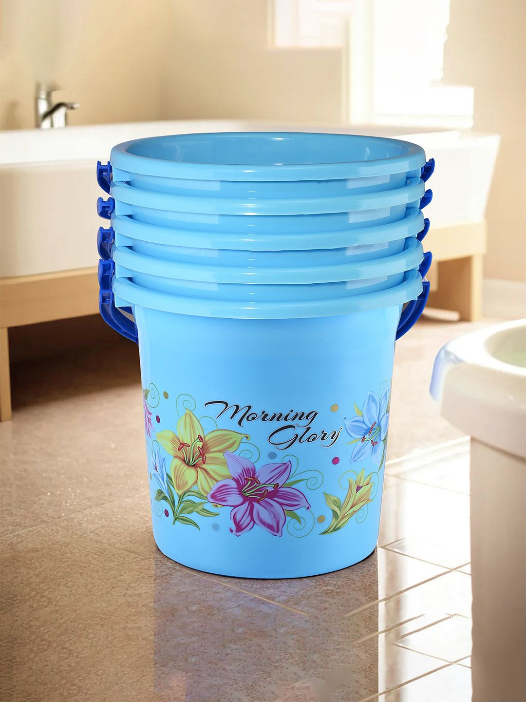 

Kuber Industries Blue & Red 5 Pieces Floral Printed Water Buckets