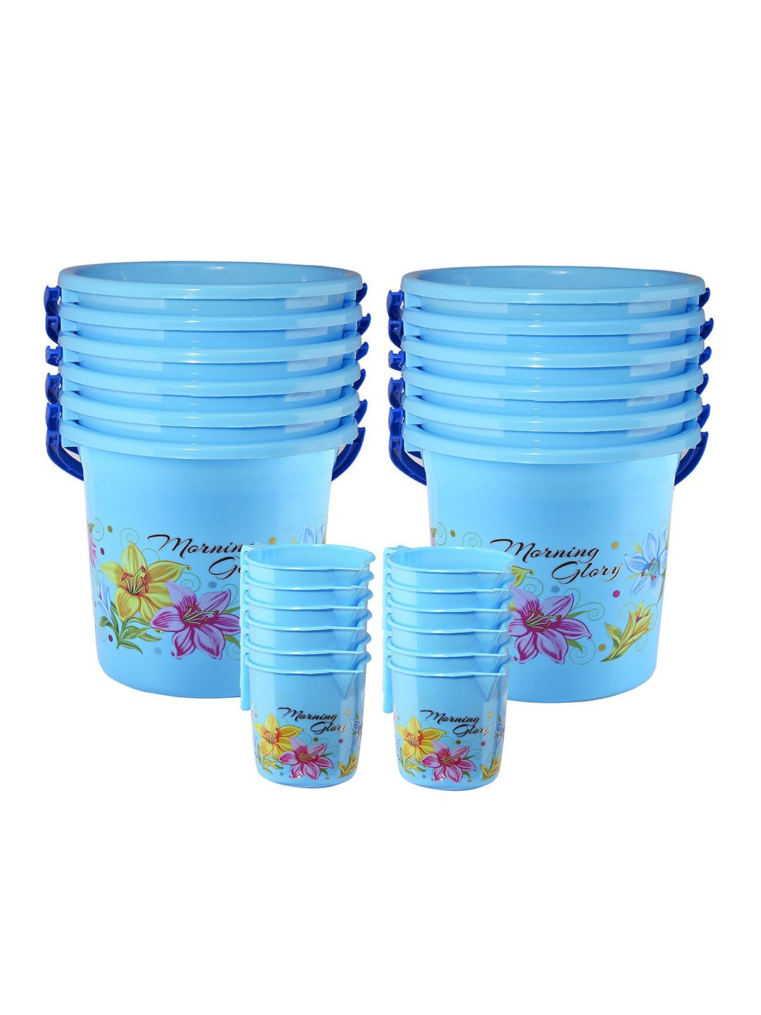 

Kuber Industries Blue & Yellow 24 Pieces Floral Printed Buckets With Mugs