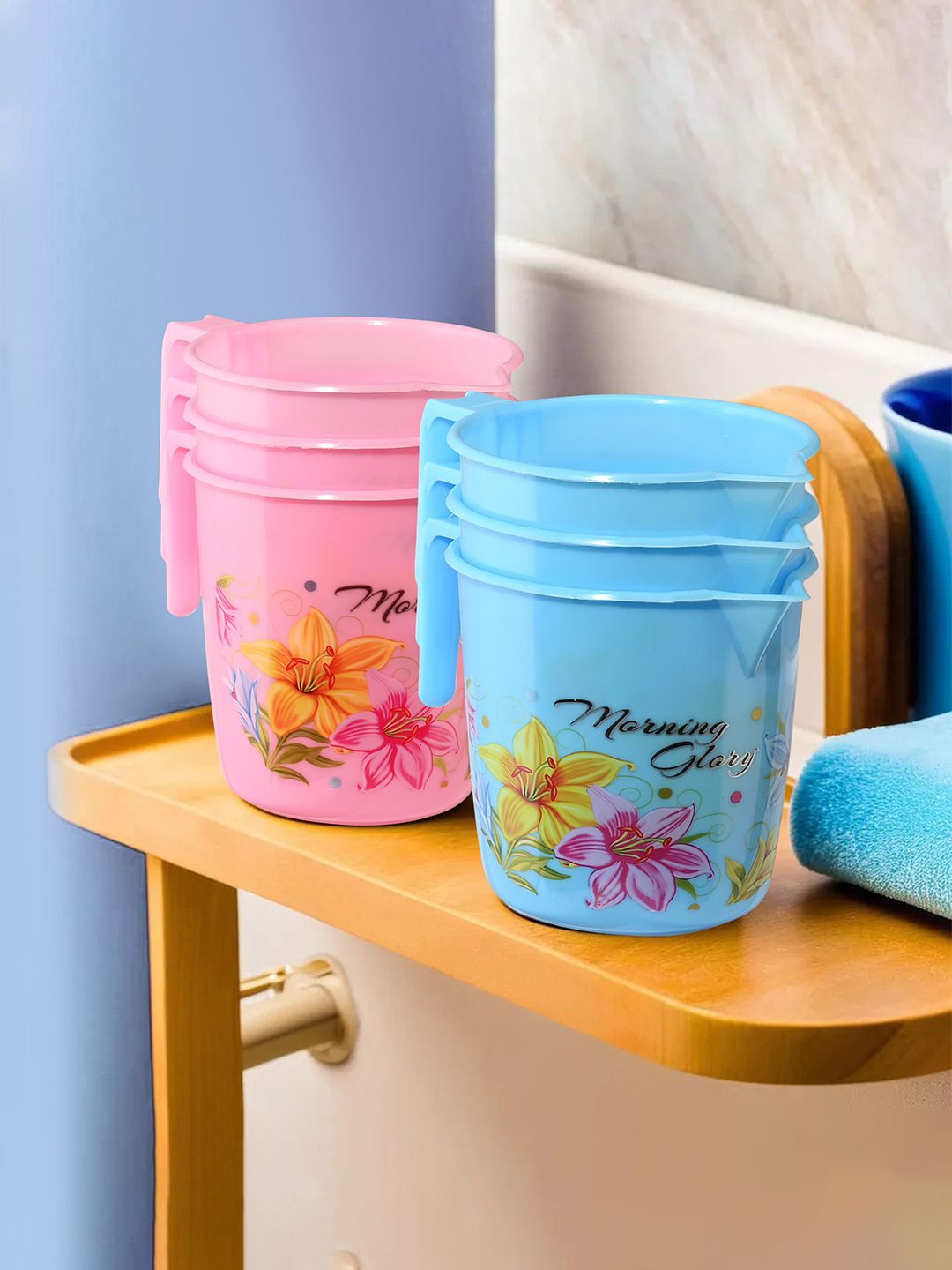 Kuber Industries Blue & Pink 6 Pieces Floral Printed Bathroom Mugs