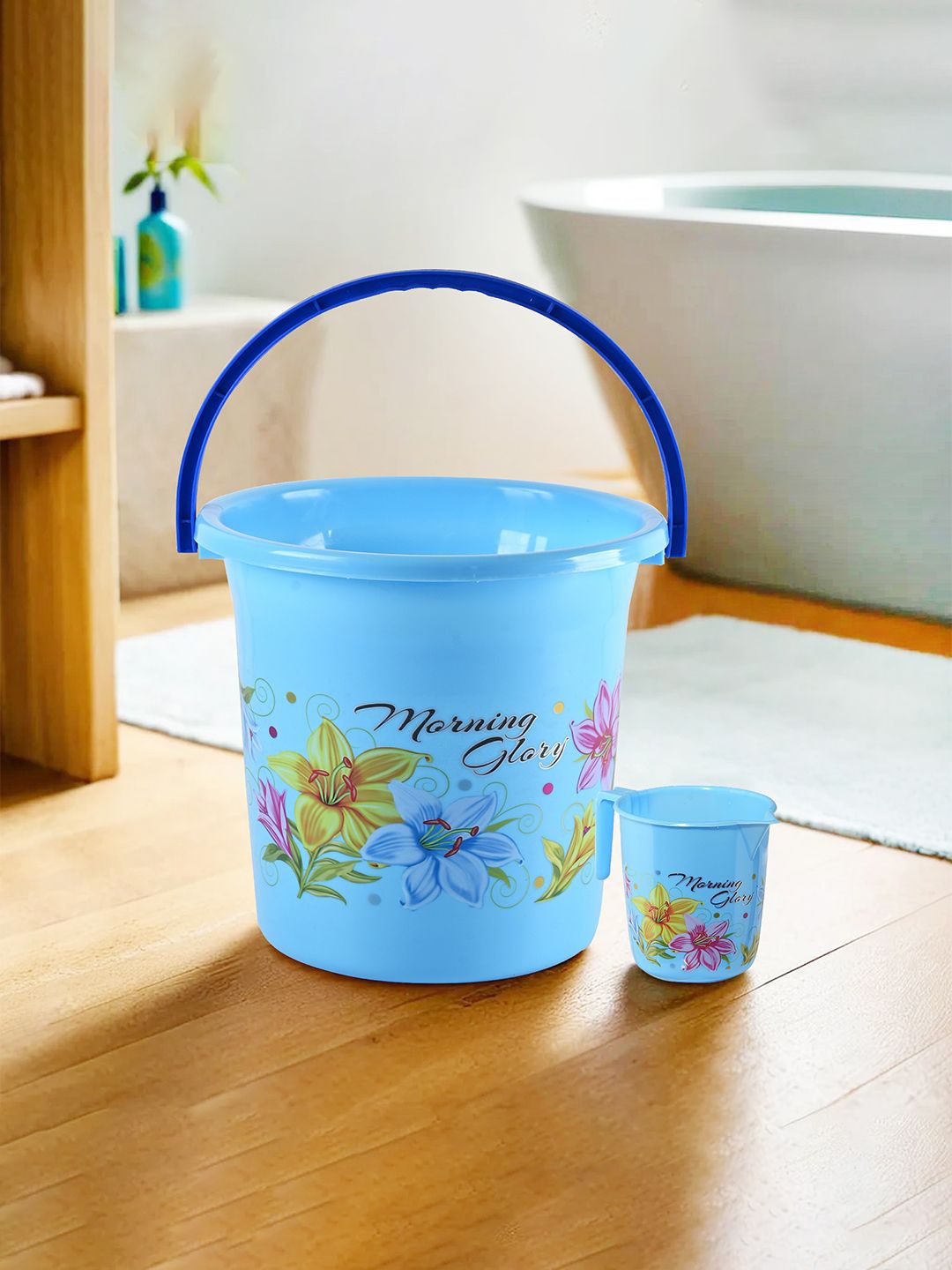 

Kuber Industries Blue & Yellow 2 Pieces Floral Printed Bucket With Mug