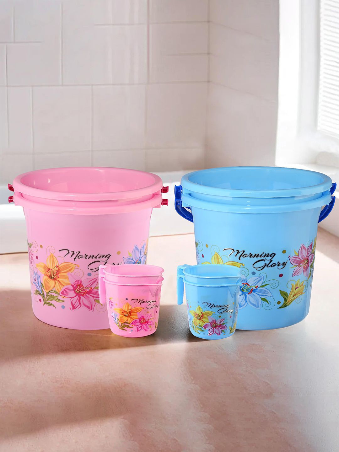 

Kuber Industries Pink & Blue 8 Pieces Floral Printed Buckets With Mugs