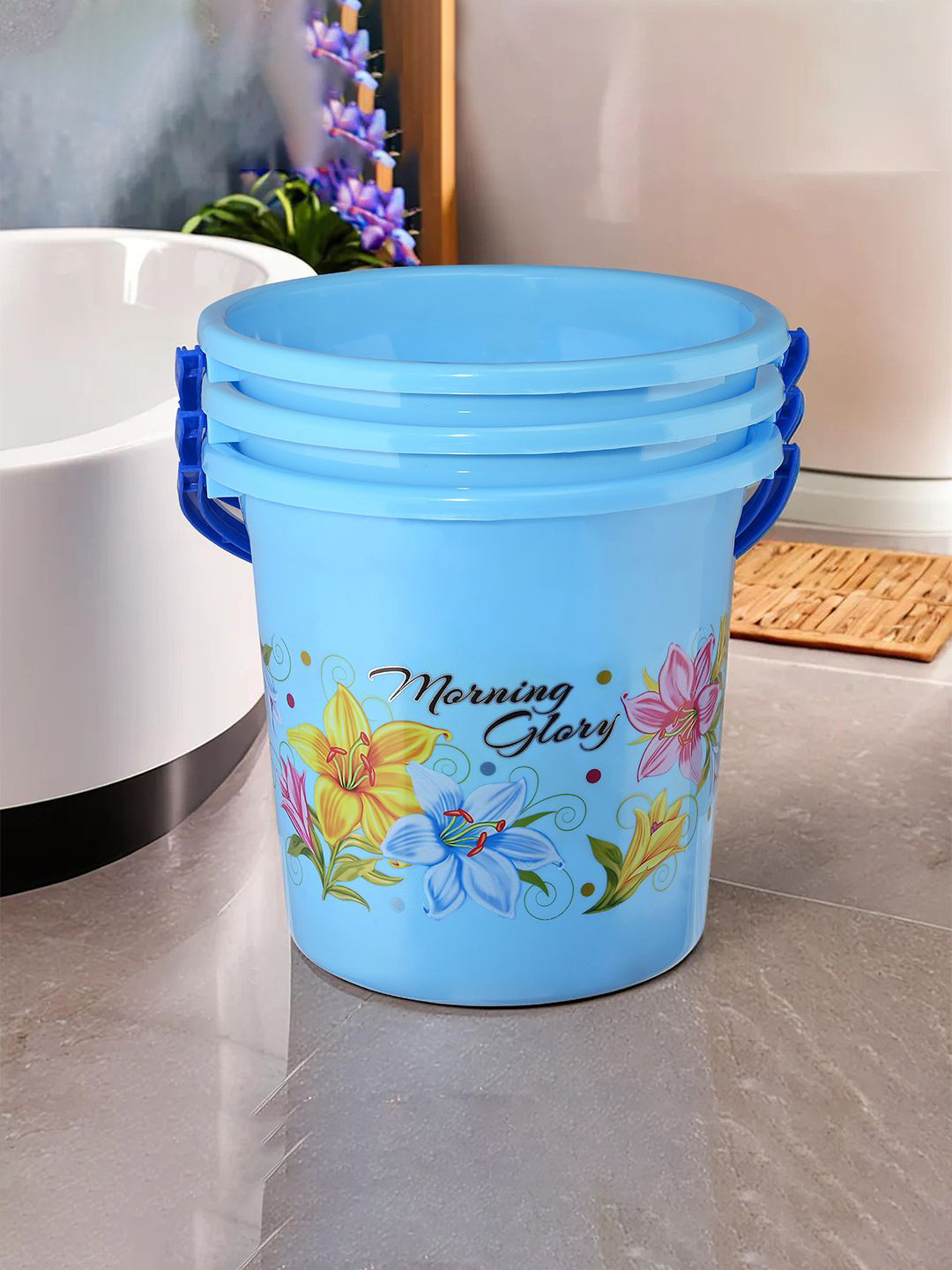 

Kuber Industries Blue & Yellow 3 Pieces Floral Water Buckets