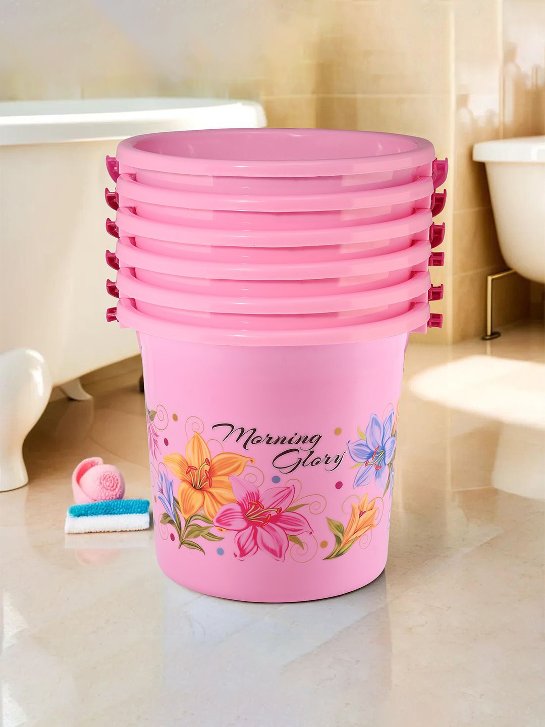 

Kuber Industries Pink & Yellow 6 Pieces Floral Printed Water Buckets