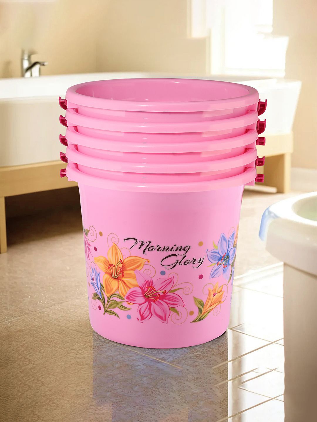 

Kuber Industries Pink & Blue 5 Pieces Floral Printed Water Buckets