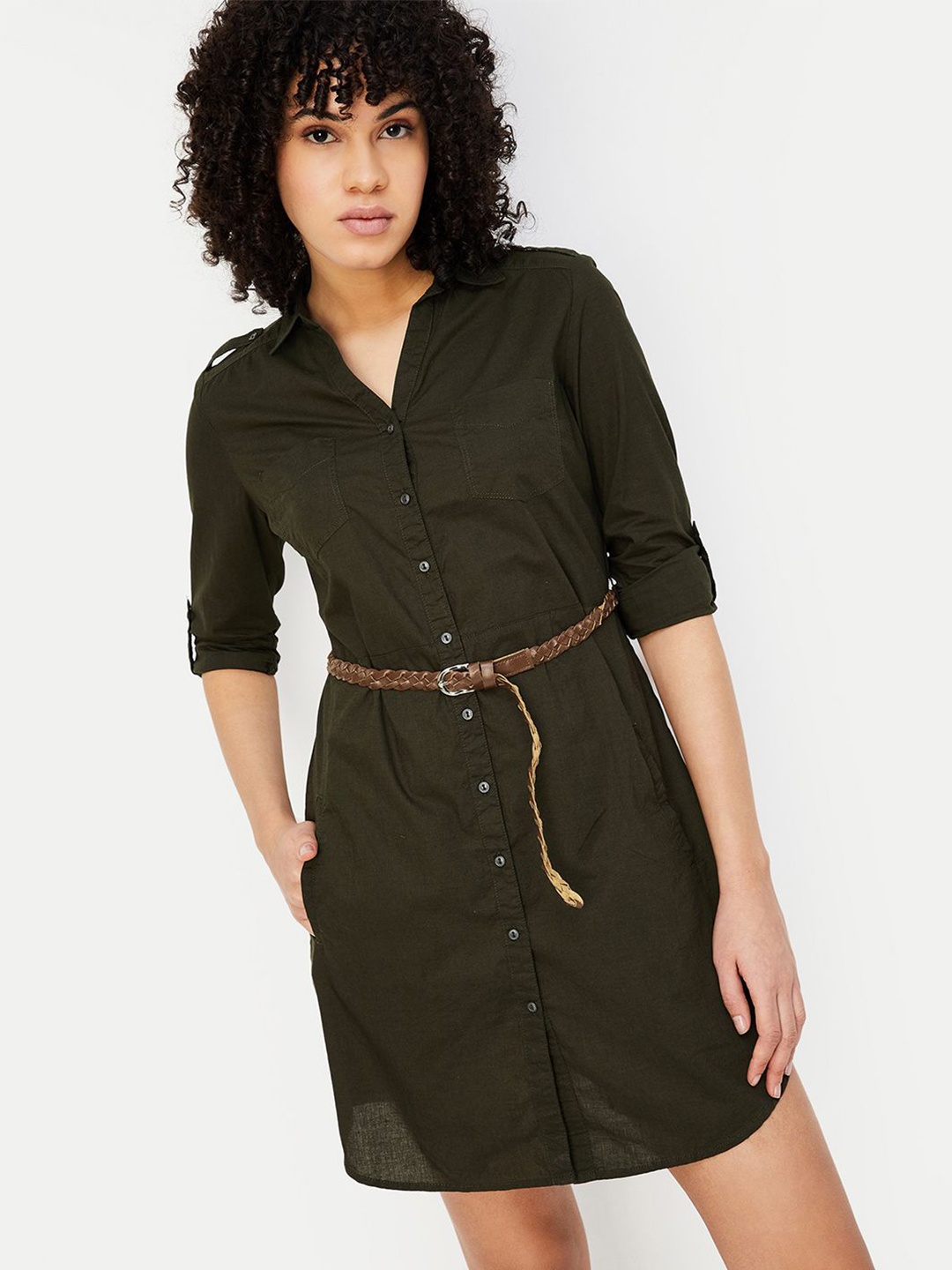 

max Pure Cotton Shirt Mini Dress, Green