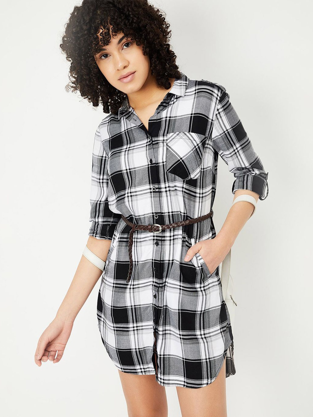 

max Women Checked Shirt Mini Dress, Black