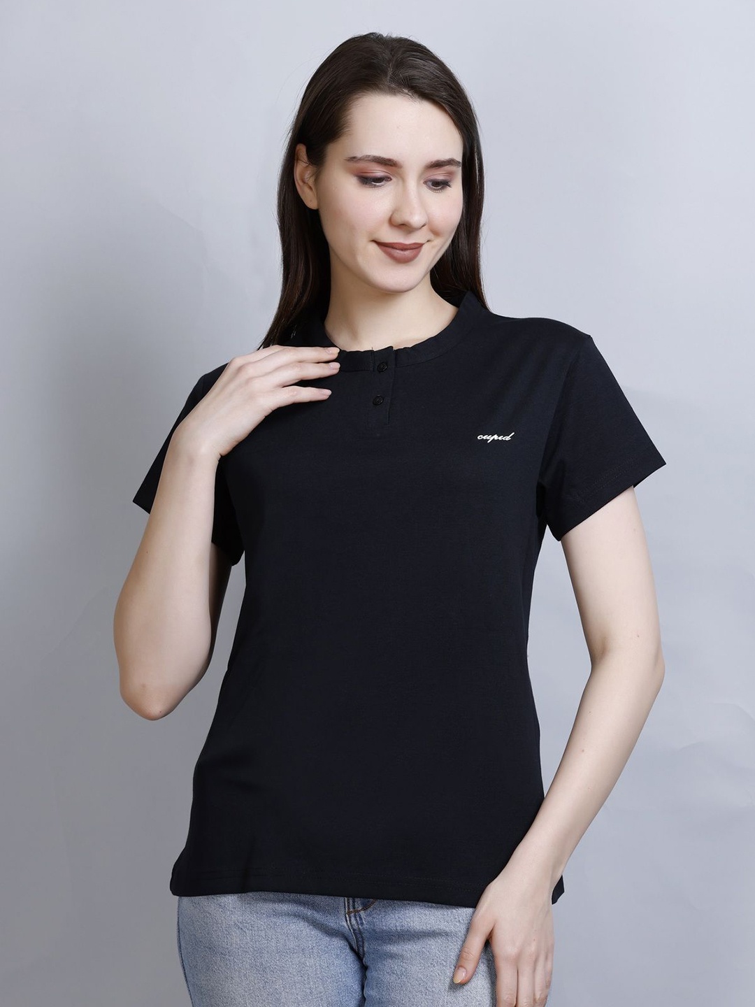 

CUPID Women Solid Round Neck Cotton Casual T-Shirt, Black