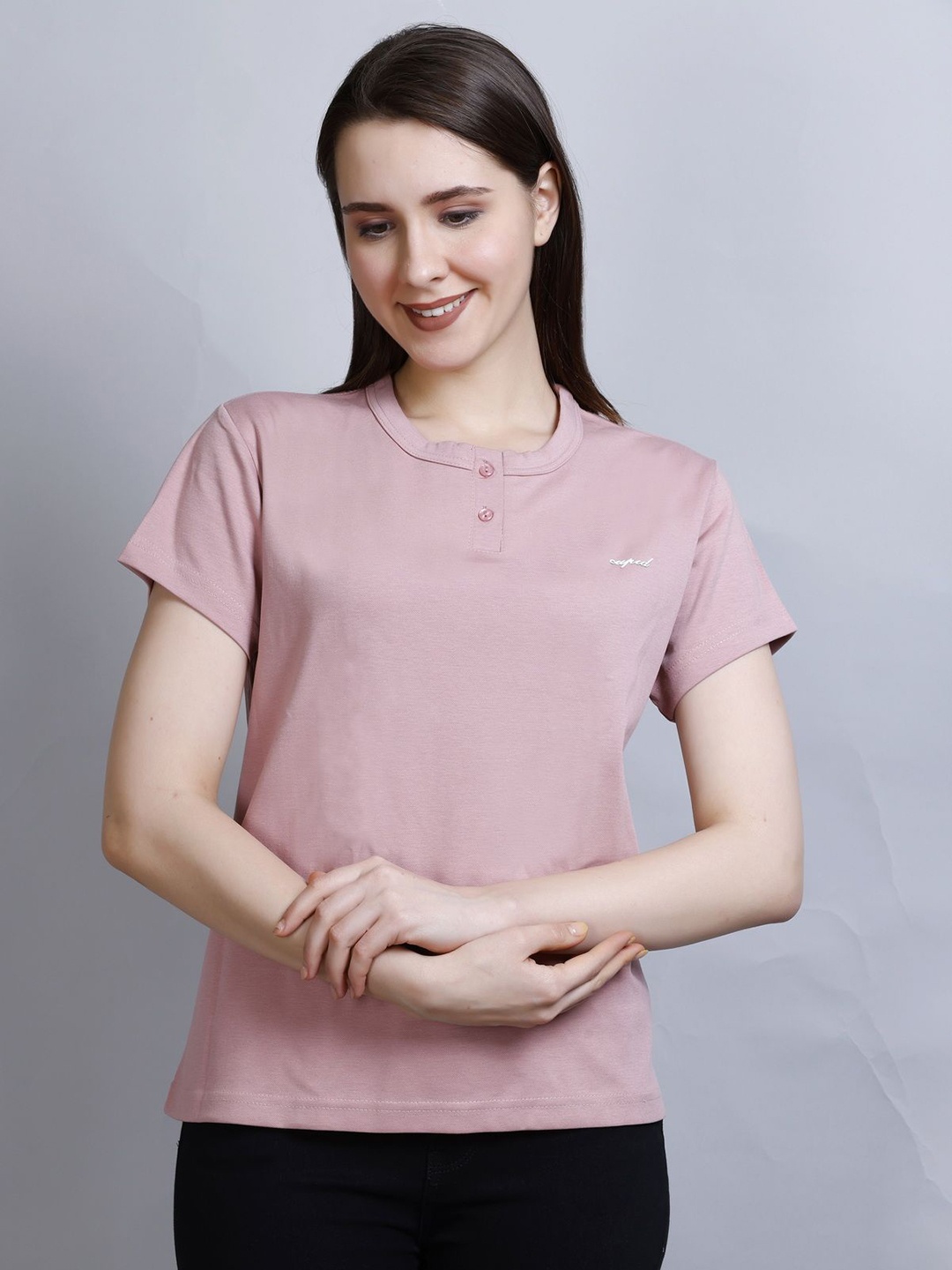 

CUPID Women Solid Round Neck Cotton Casual T-shirt, Pink