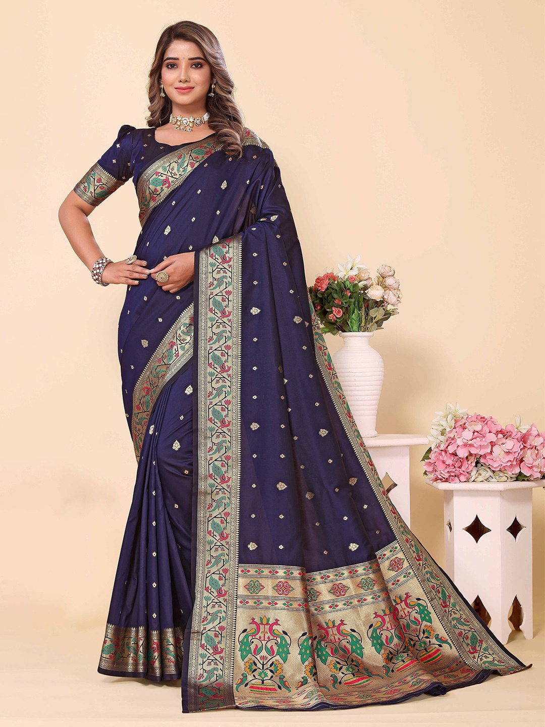

HEER FASHION Ethnic Motifs Woven Design Zari Paithani Saree, Navy blue