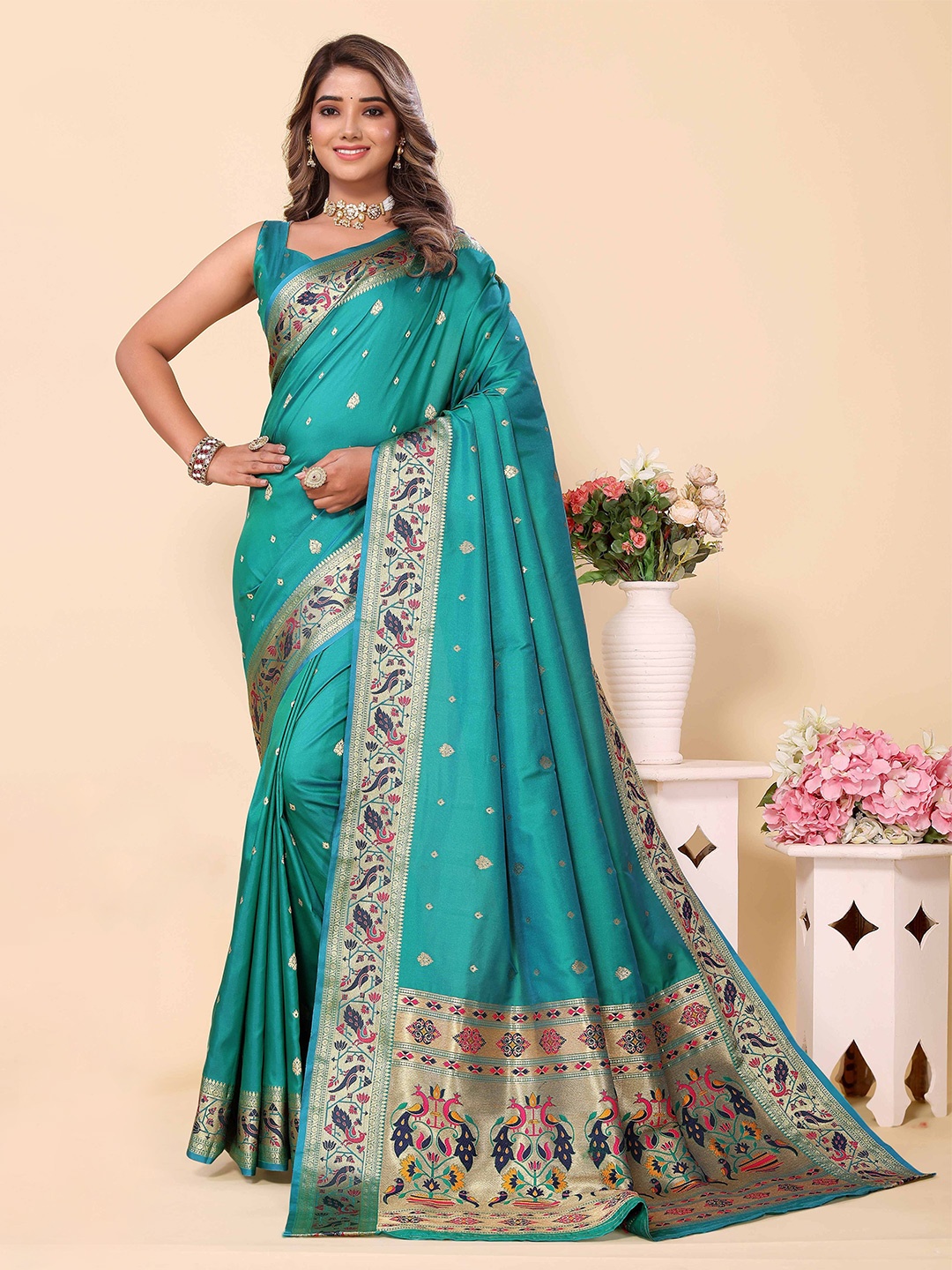 

HEER FASHION Woven Design Zari Paithani Saree, Sea green