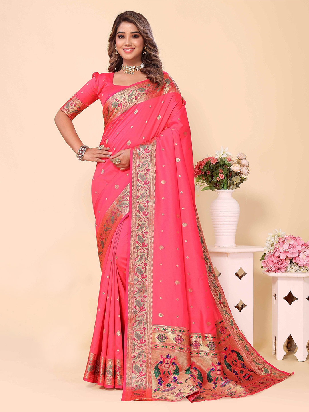 

HEER FASHION Ethnic Motifs Woven Design Zari Paithani Saree, Pink
