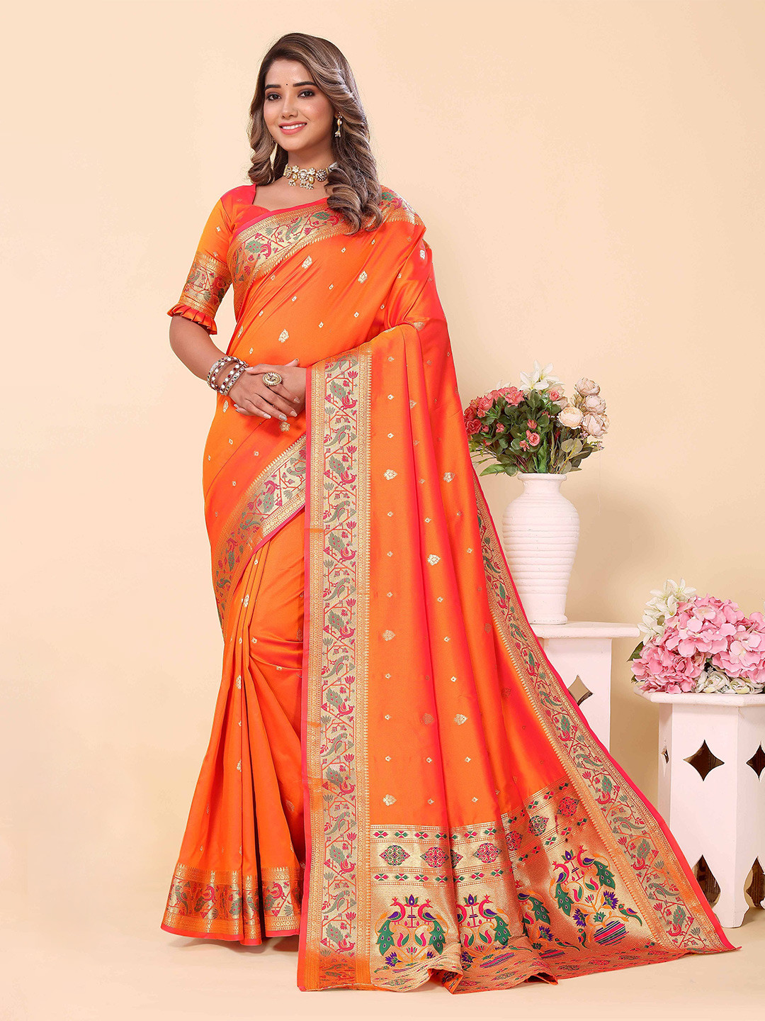 

HEER FASHION Ethnic Motifs Woven Design Zari Paithani Saree, Orange