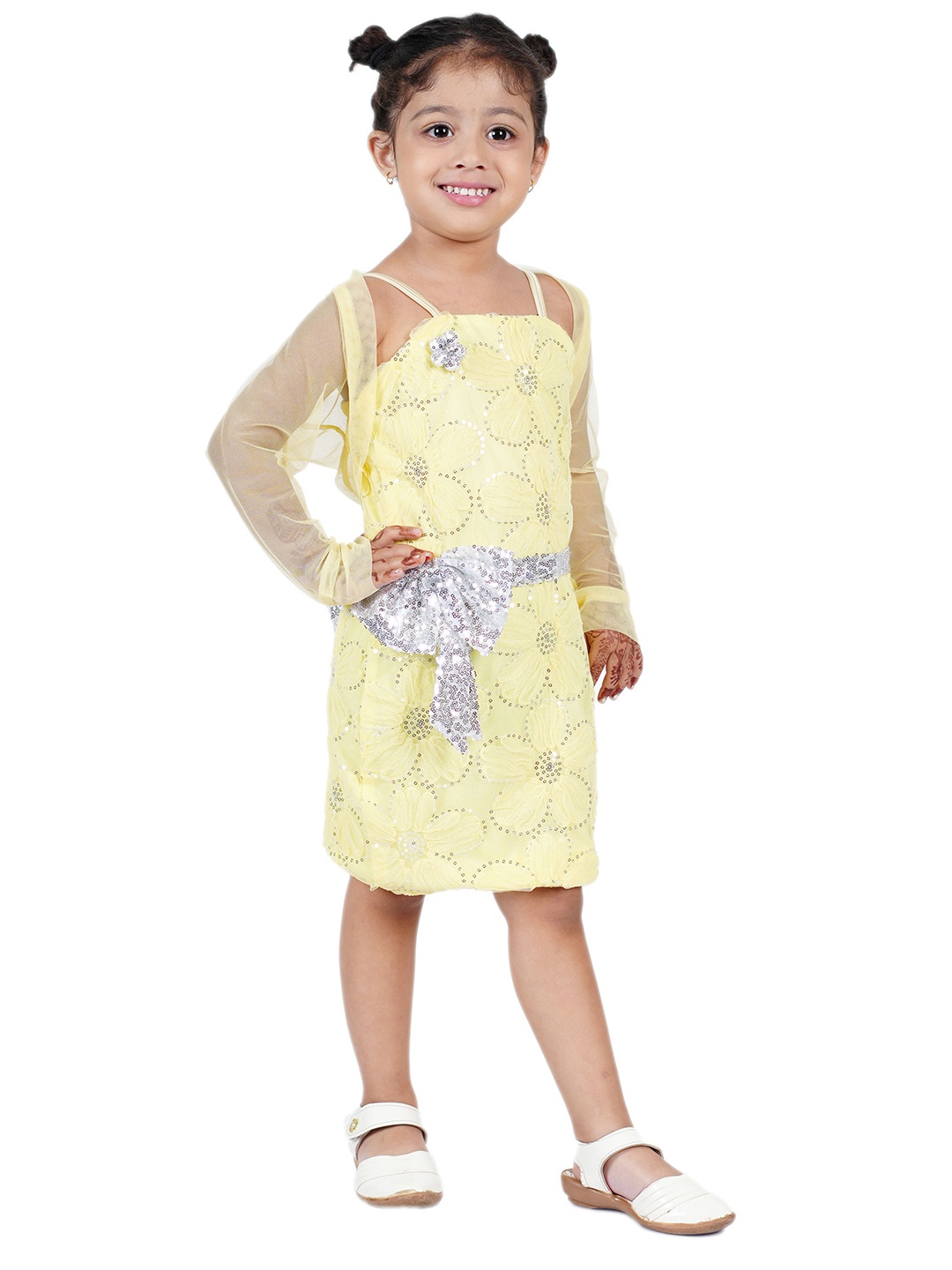 

BAESD Girls Net Embellished Sequined A-Line Dress, Yellow
