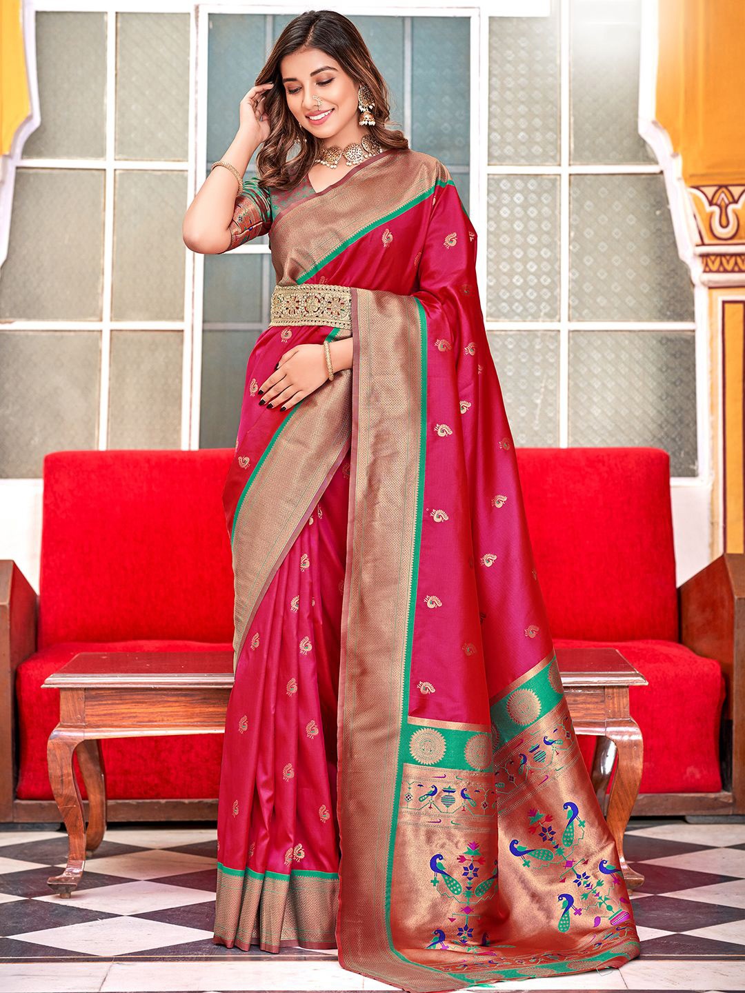 

Mitera Woven Design Zari Paithani Saree, Pink