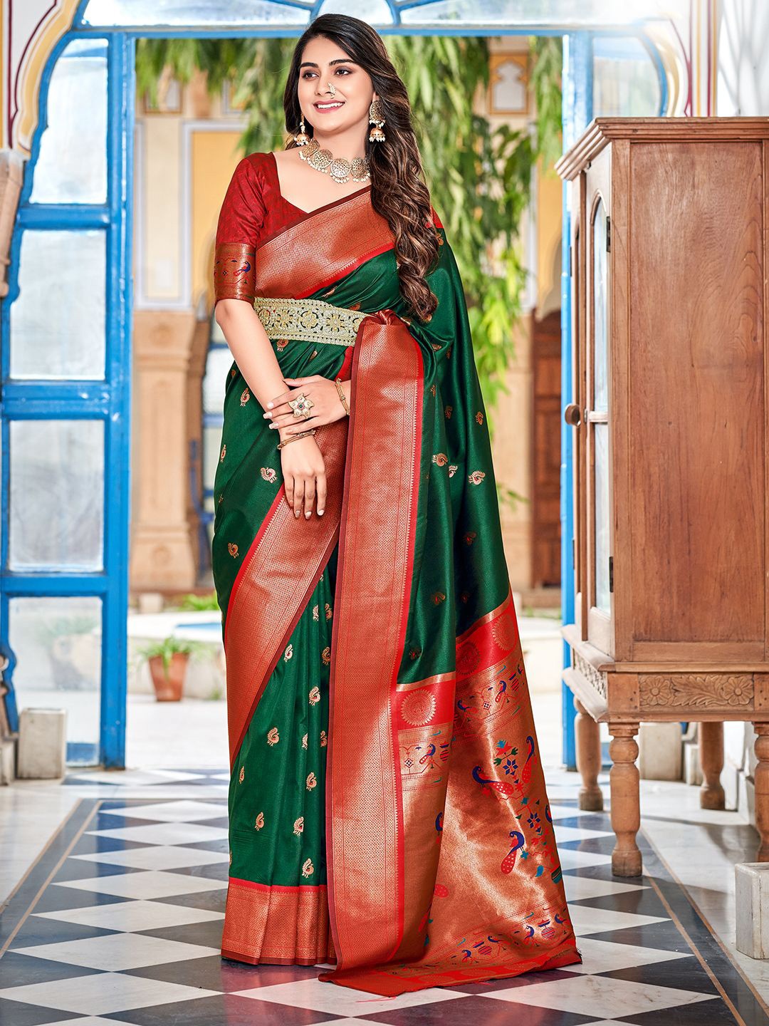 

Mitera Woven Design Zari Paithani Saree, Green