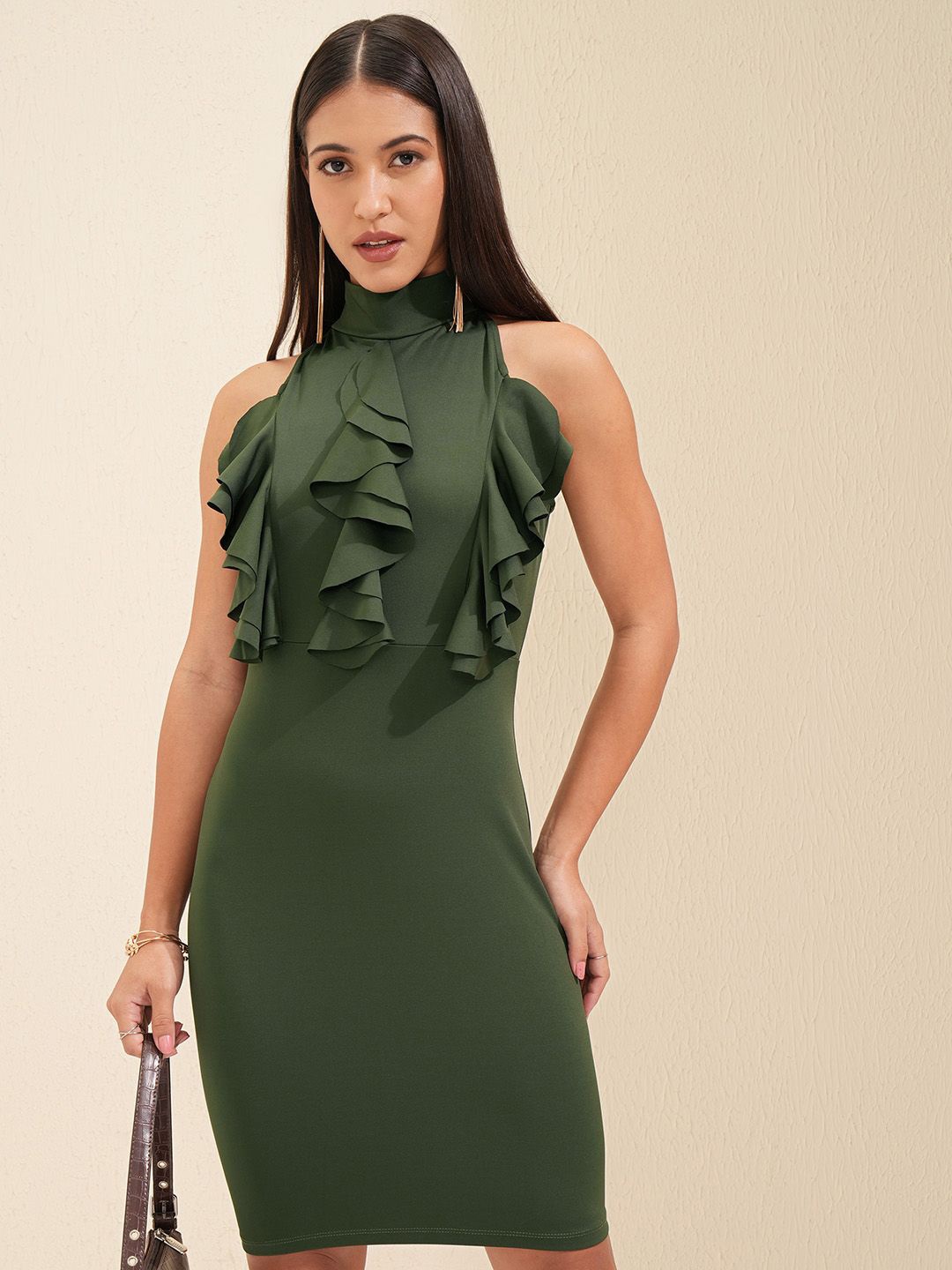 

Tokyo Talkies High Neck Ruffled Sheath Dress, Olive