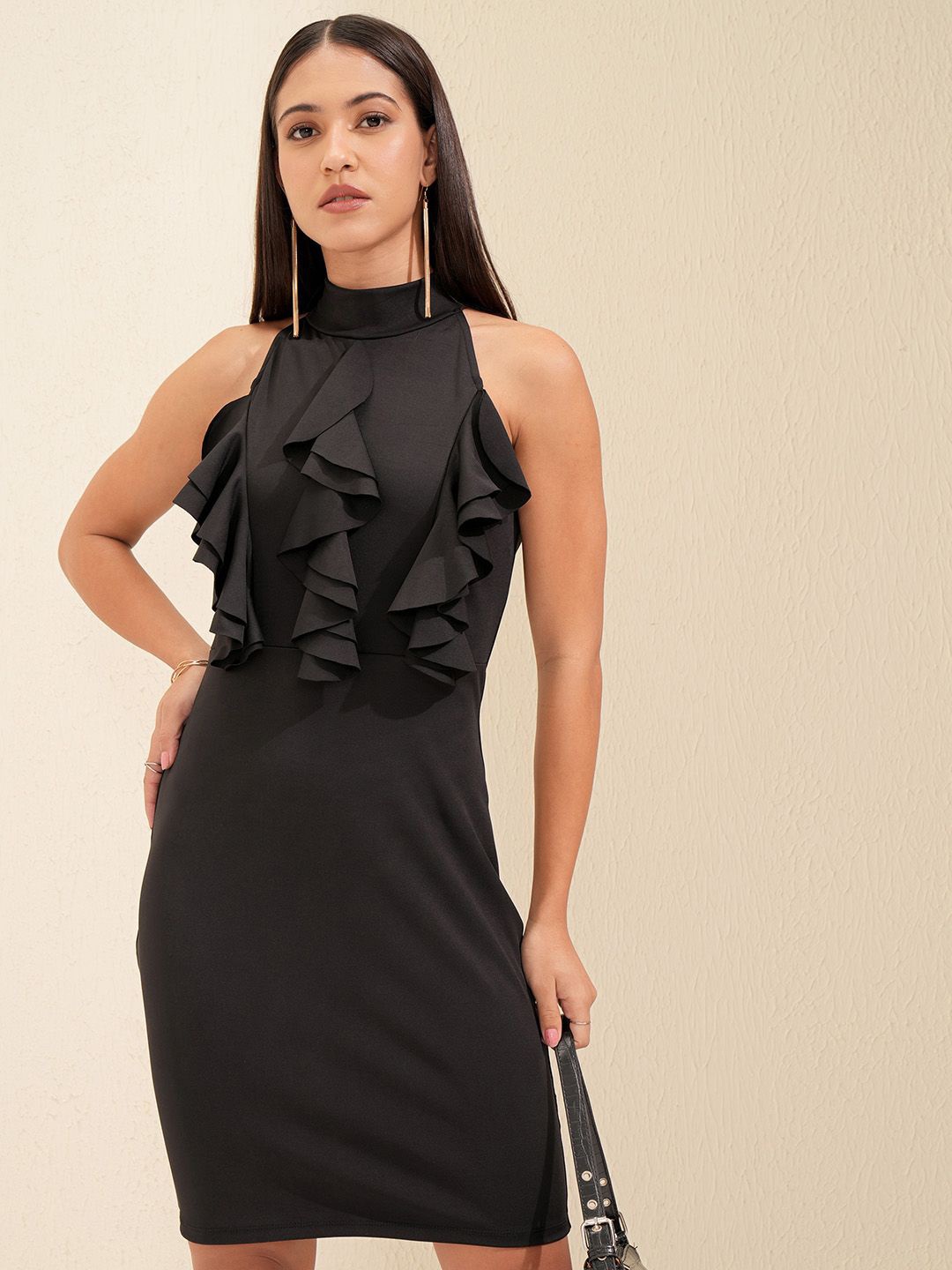 

Tokyo Talkies Choker Neck Sleeveless Ruffled A-Line Mini Dress, Black
