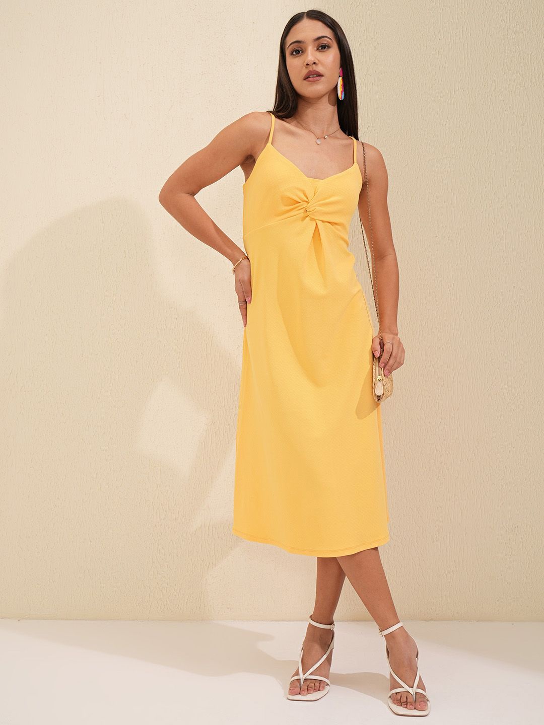 

Tokyo Talkies Shoulder Straps A-Line Front Twisted Midi Dress, Yellow