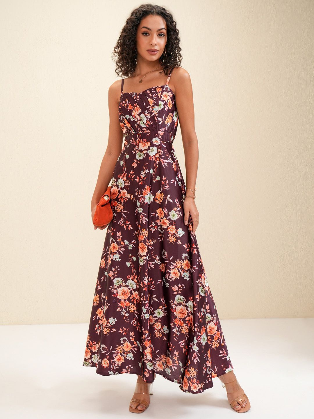 

Tokyo Talkies Shoulder Straps Floral Printed Maxi Dress, Burgundy