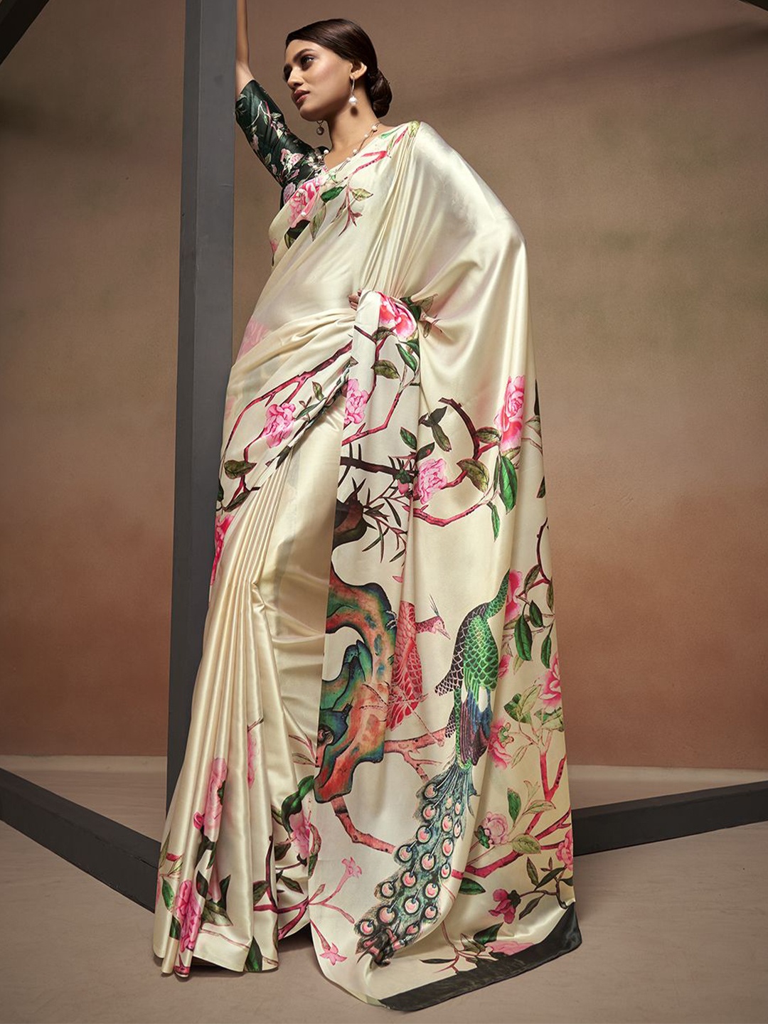 

Mitera Floral Satin Saree, Cream