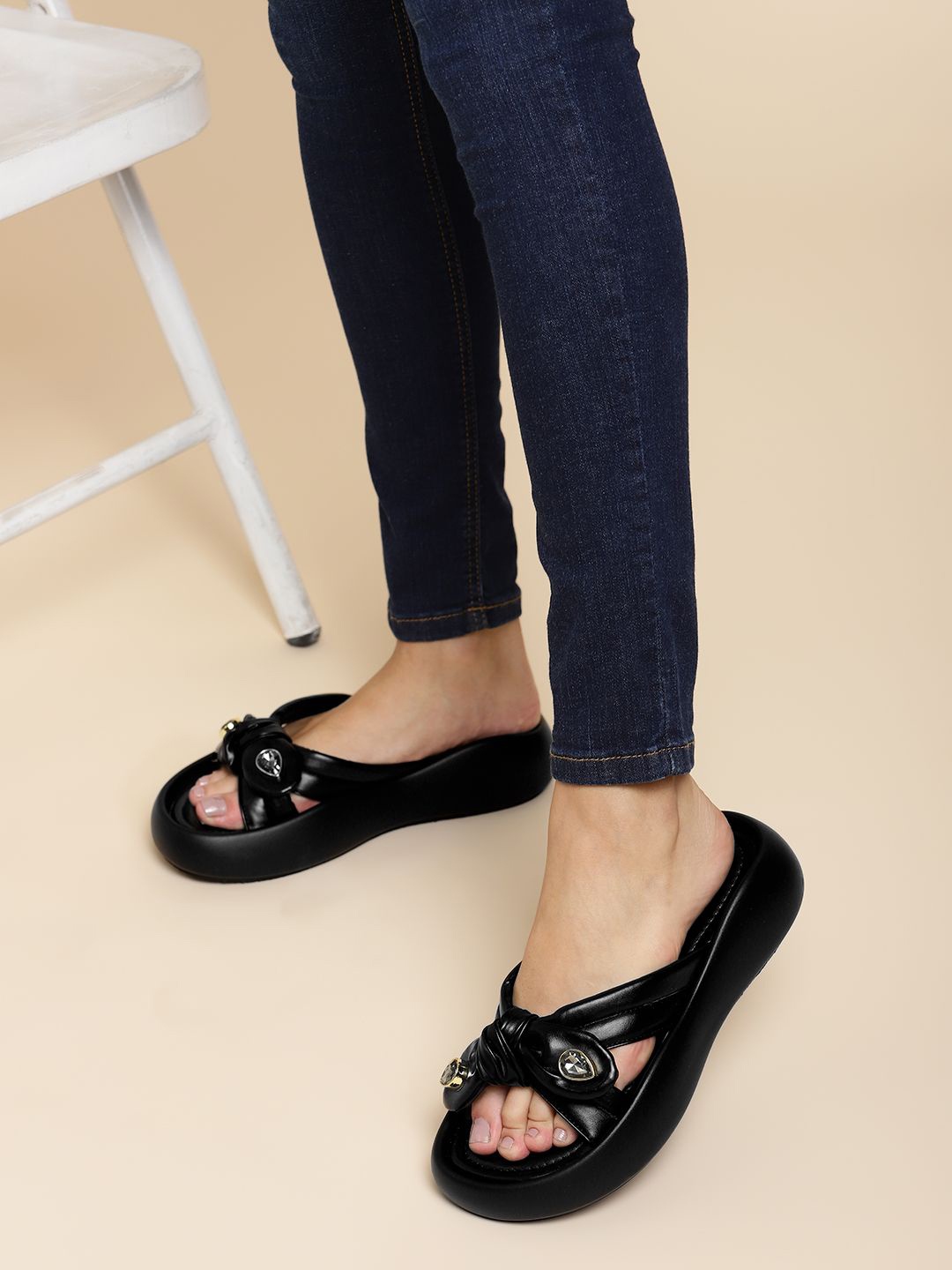 

Truffle Collection Women Embellished Open Toe Flat, Black