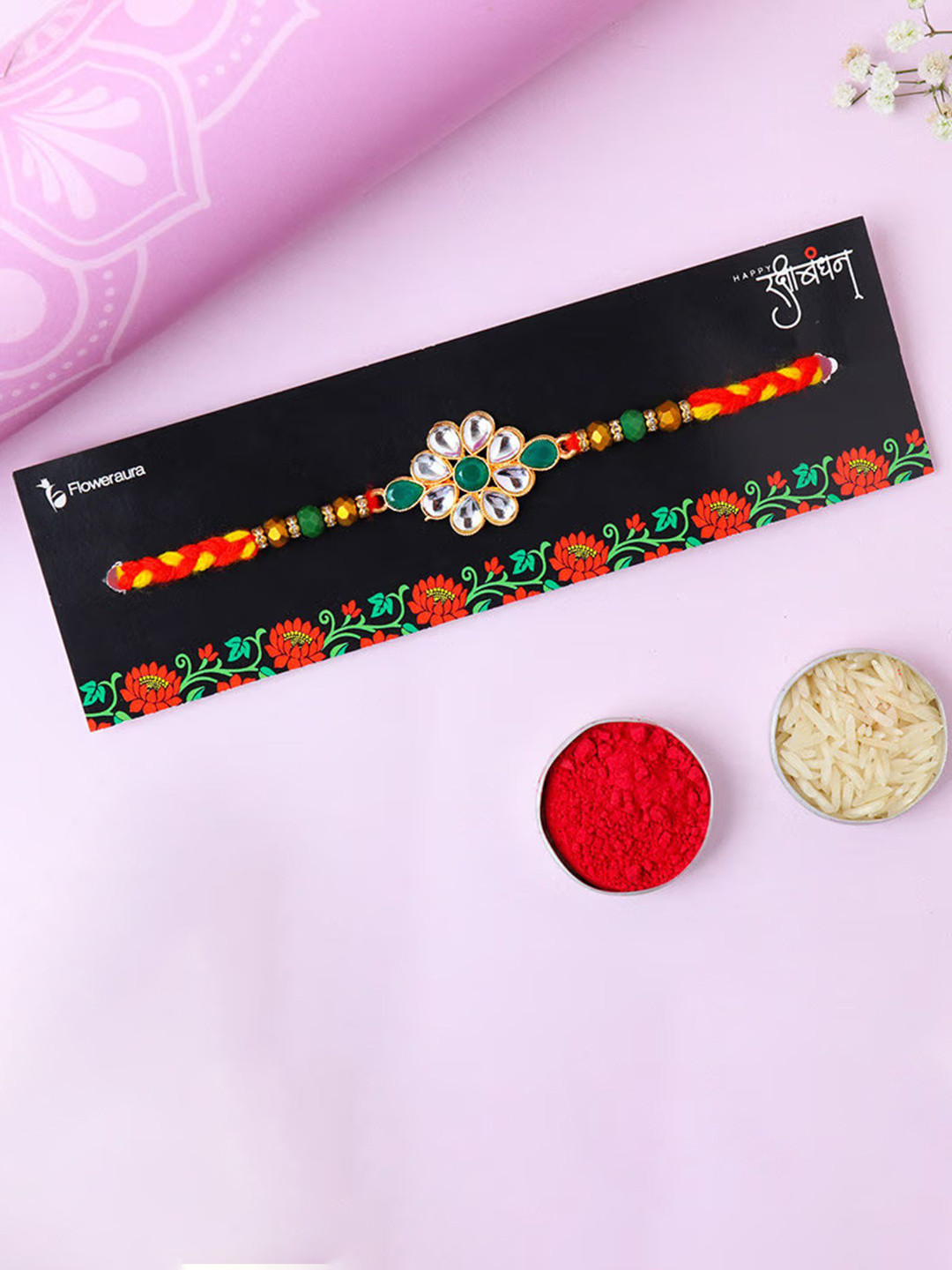 

Floweraura Floral Kundan & Braid Work Rakhi With Roli & Chawal, Red
