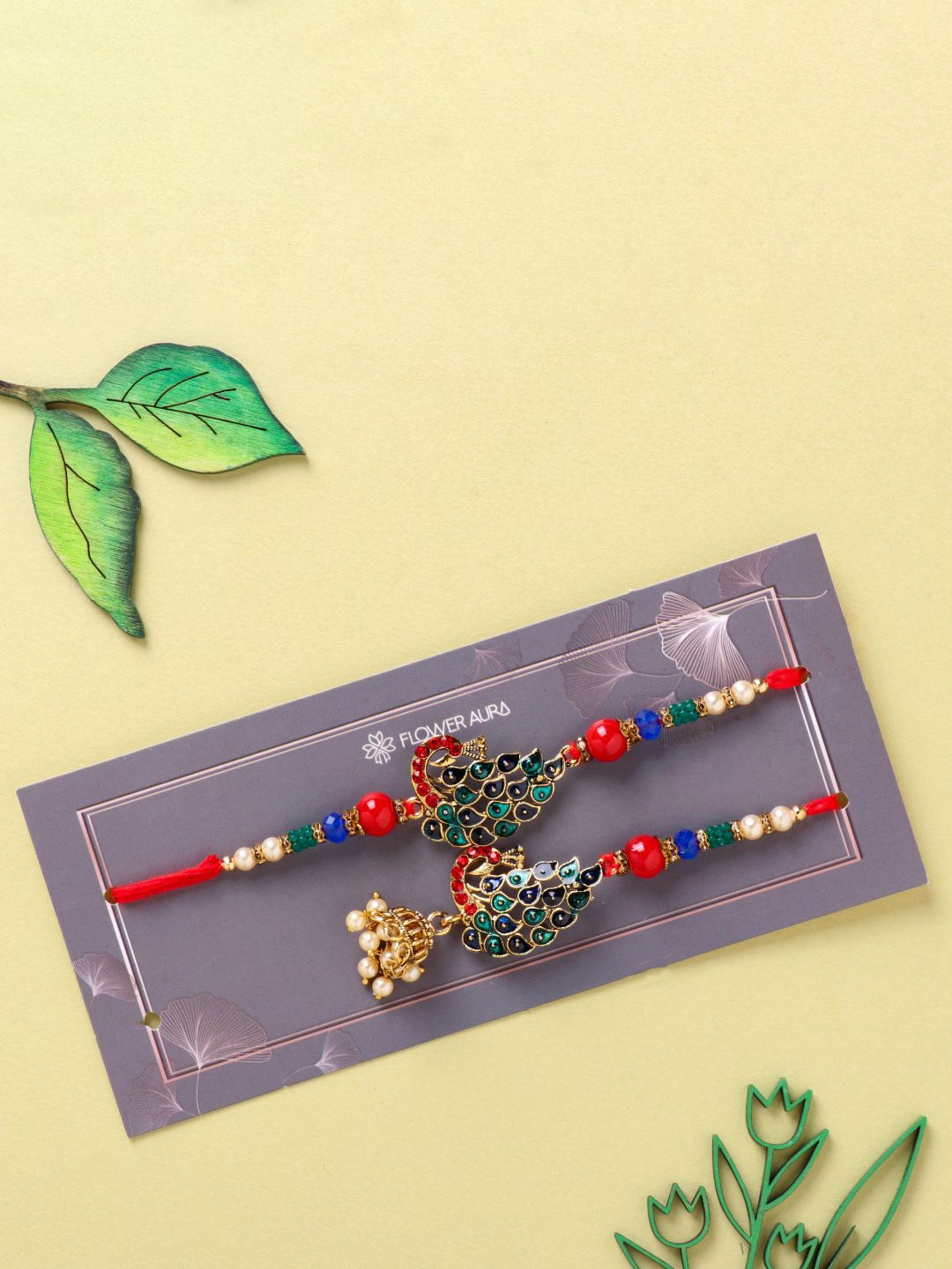 

Floweraura Beaded Bhaiya Bhabhi Thread Rakhis with Roli Chawal, Red