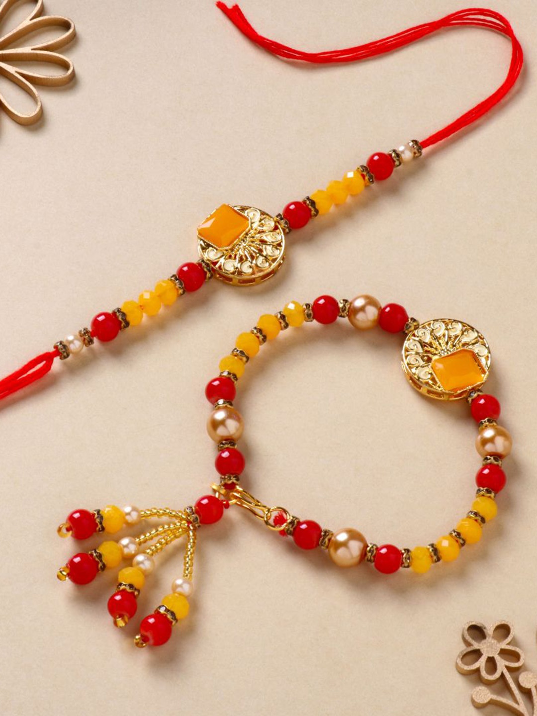 

Floweraura Beaded Bhaiya Bhabhi Thread Rakhis with Roli Chawal, Red