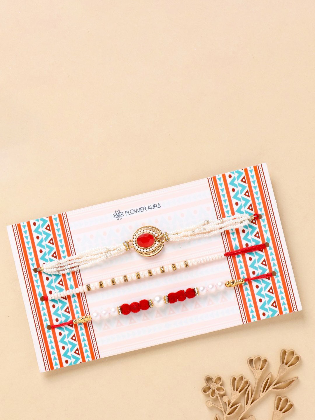 

Floweraura Set Of 3 Stone Studded & Beaded Thread Rakhis With Roli Chawal, Red