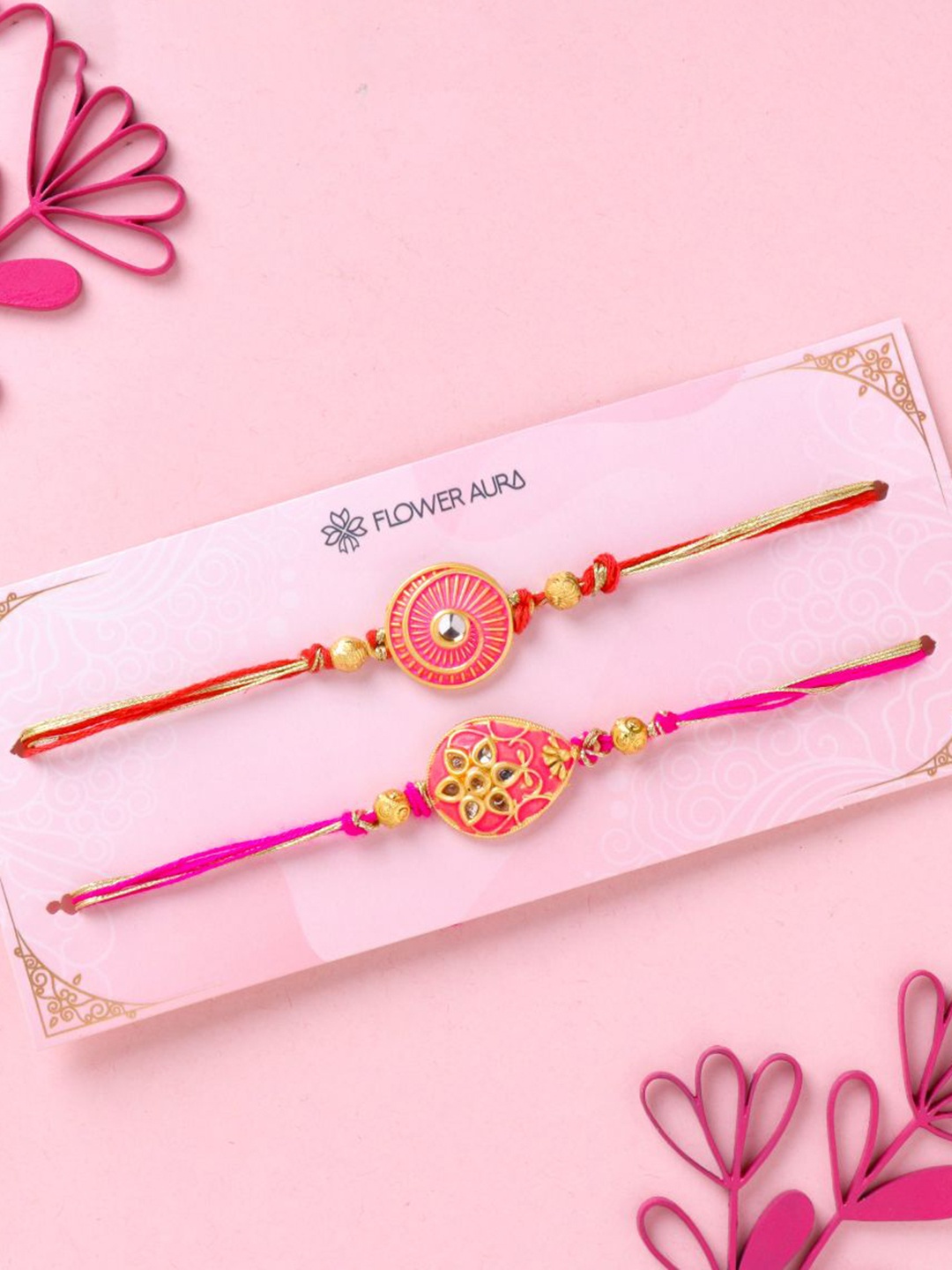 

Floweraura Set of 2 Beaded Thread Rakhis, Pink