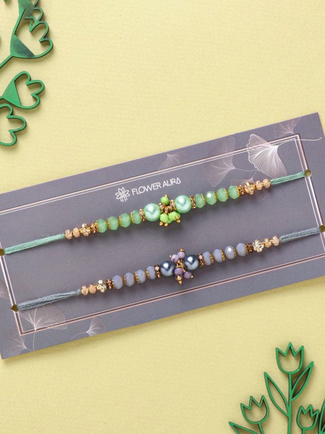 

Floweraura Set Of 2 Beaded Duo Bracelet Rakhi With Roli & Chawal, Green