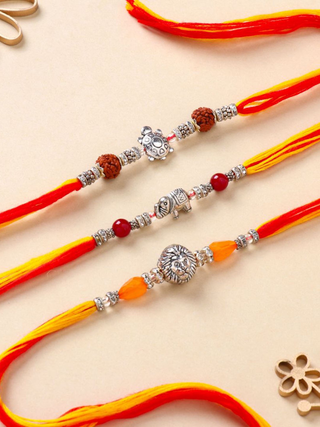

Floweraura Set Of 3 Stone Studded & Beaded Thread Rakhis With Roli Chawal, Yellow