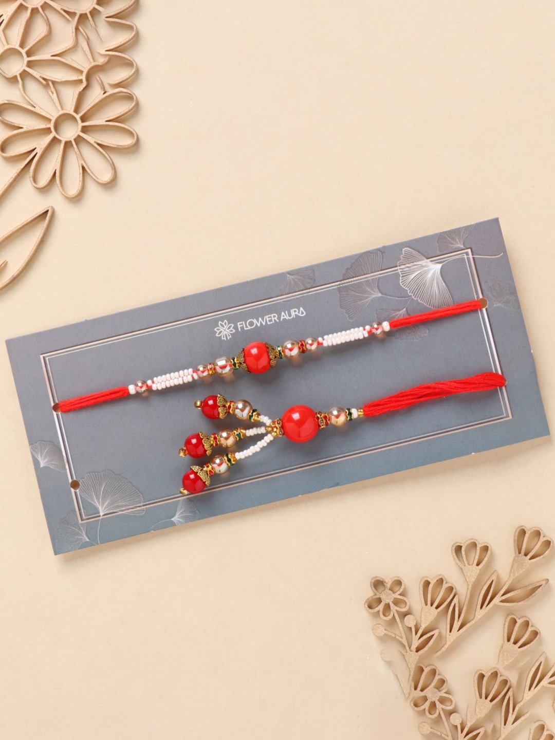 

Floweraura Beaded Bhaiya Bhabhi Thread Rakhis with Roli Chawal, Red