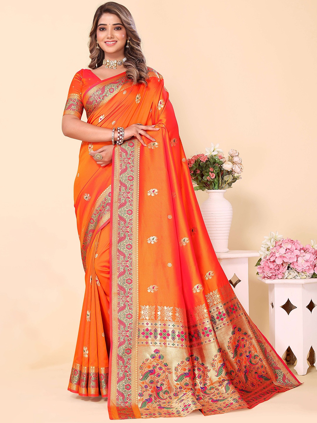 

HEER FASHION Ethnic Motifs Zari Paithani Saree, Orange