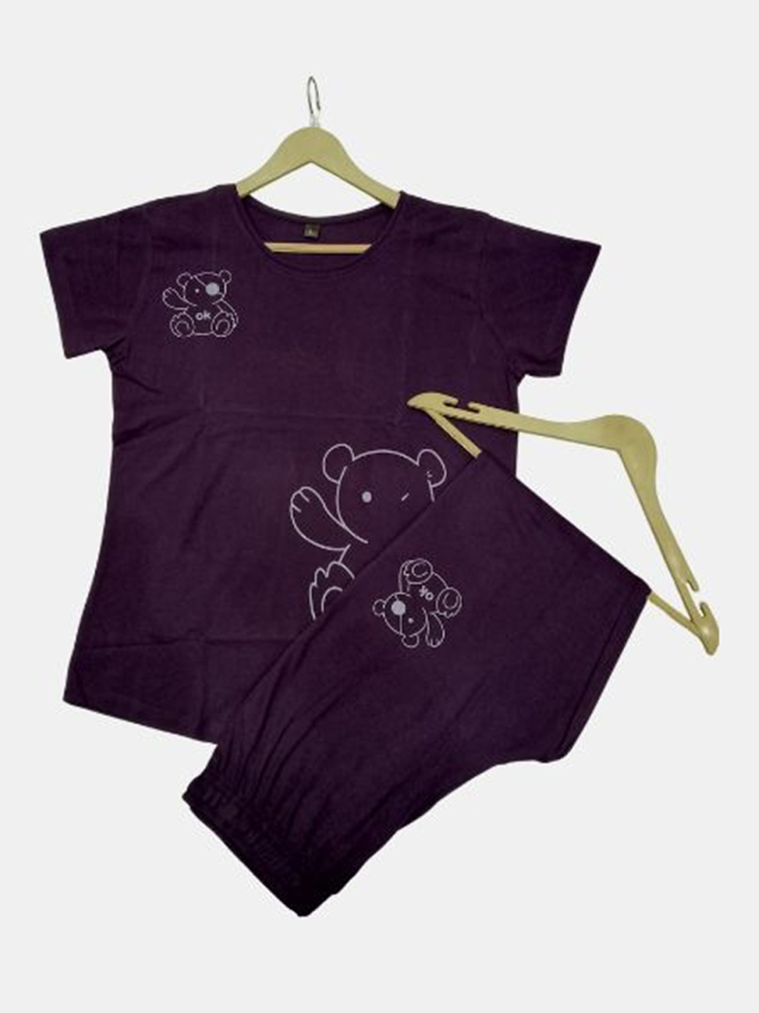 

Fasense Women Printed Pure Cotton T-Shirt With Trousers, Purple