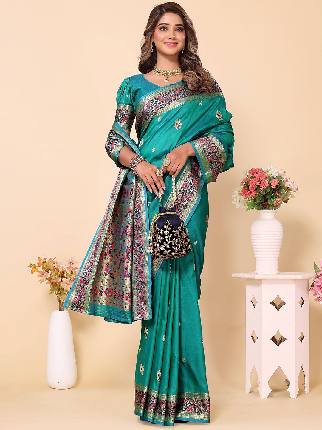 

HEER FASHION Woven Design Zari Paithani Saree, Sea green