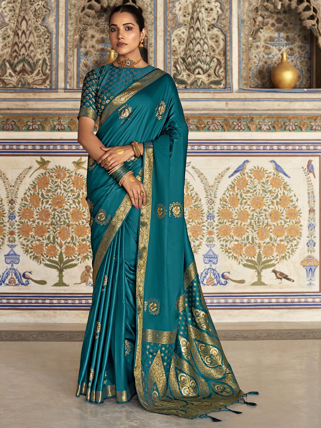 

Mitera Ethnic Motifs Zari Satin Saree, Teal