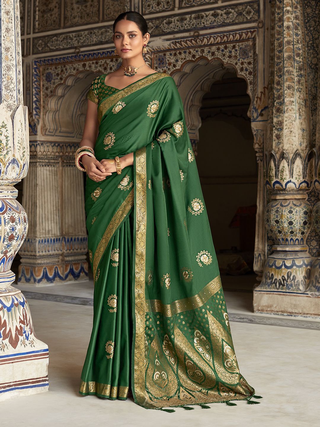 

Mitera Woven Design Zari Satin Saree, Green