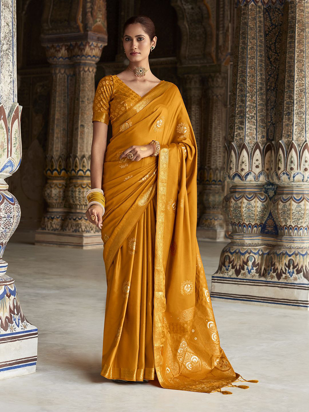 

Mitera Ethnic Motifs Zari Satin Saree With Blouse Piece, Mustard