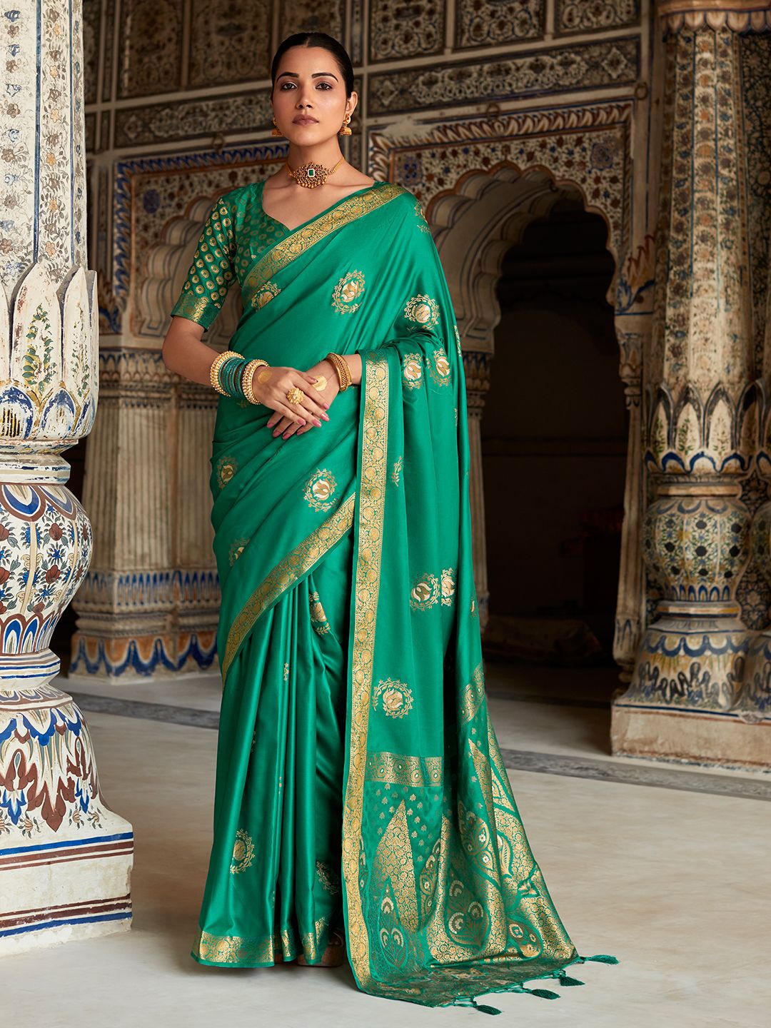 

Mitera Woven Design Zari Satin Saree, Green