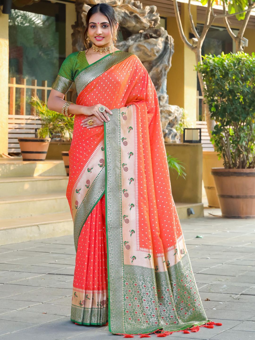 

Panzora Woven Design Zari Paithani Saree With Unstitched Blouse Piece, Orange