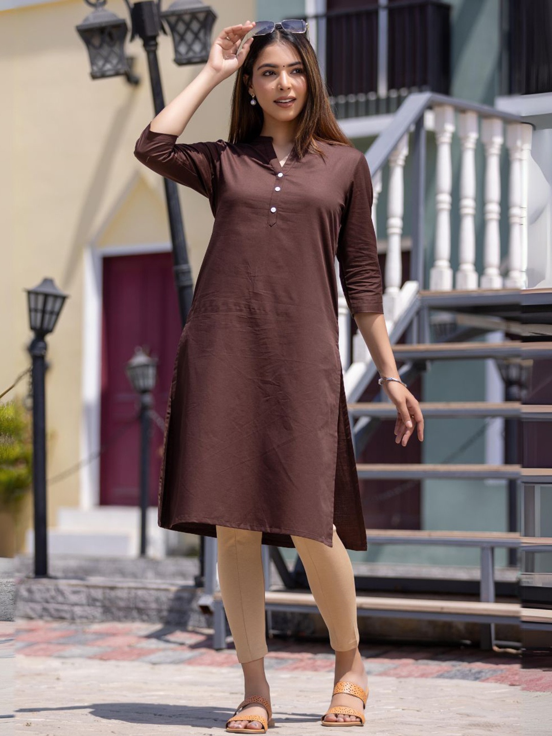 

Mlada Women Solid 3/4th Sleeves Straight Long Kurta, Coffee brown