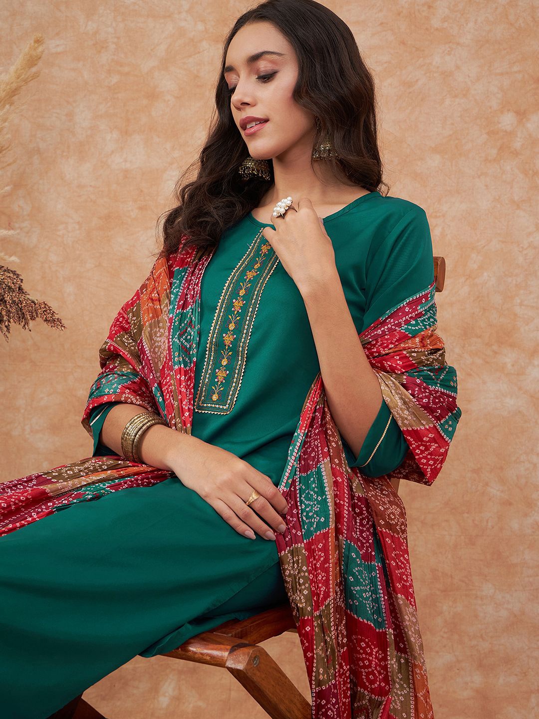 

Sangria Teal Green Floral Embroidered Straight Kurta With Trouser & Dupatta