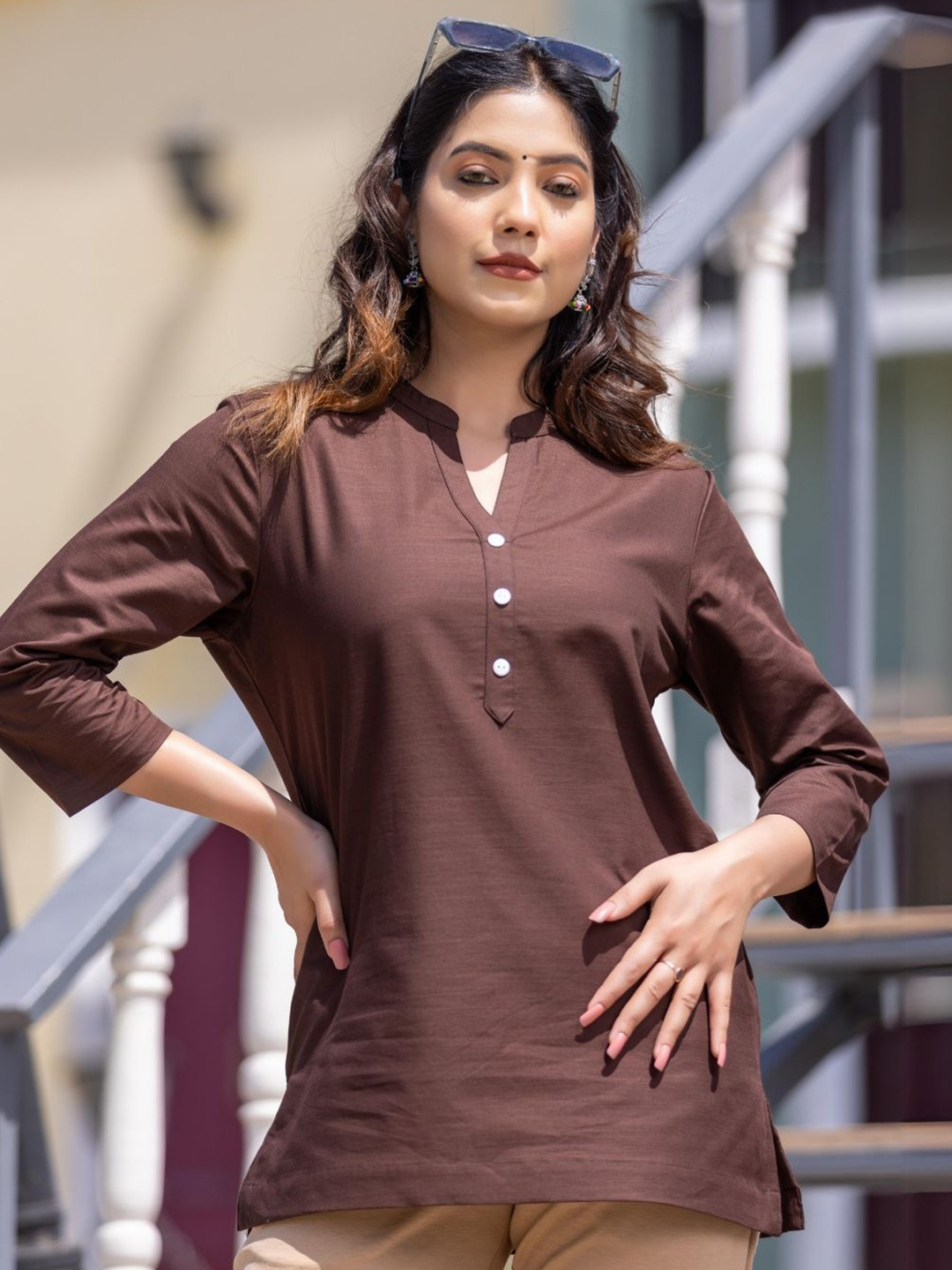 

Mlada Women Sleeves Short Linen Cotton Kurti, Coffee brown