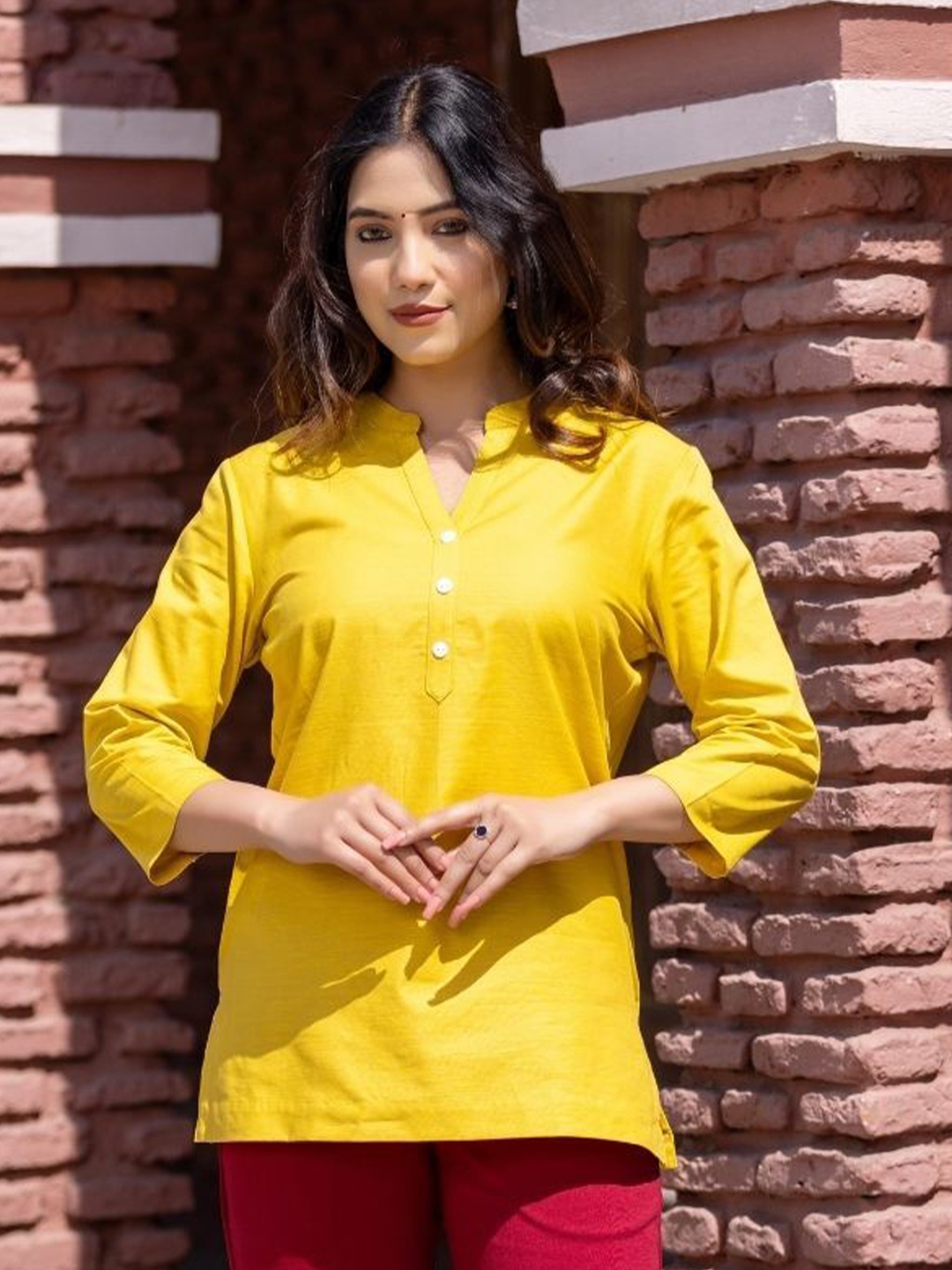 

Mlada Women 3/4th Sleeves Short Linen Cotton Kurti, Mustard