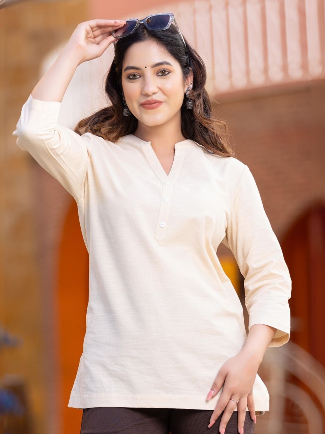 

Mlada Women Solid Short Linen Cotton Kurti, Cream