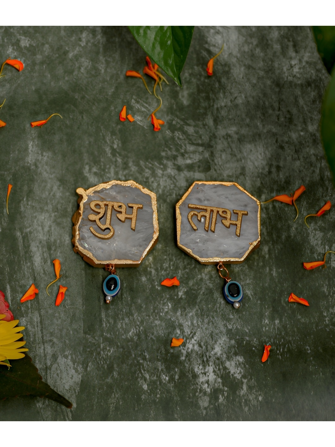 

HOMEARTE Gold Toned & White 2 Pieces Shubh-Labh Door Hangings